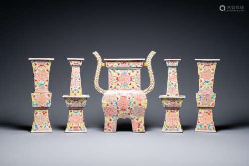 A Chinese famille rose five-piece altar garniture, Republic