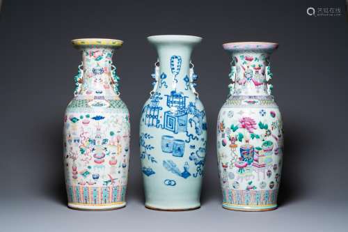 Two Chinese famille rose vases and a blue and white celadon-...