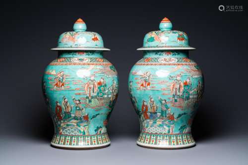 A pair of large Chinese turquoise-ground famille verte vases...