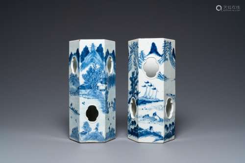 Two Chinese blue and white hexagonal hat stands with landsca...