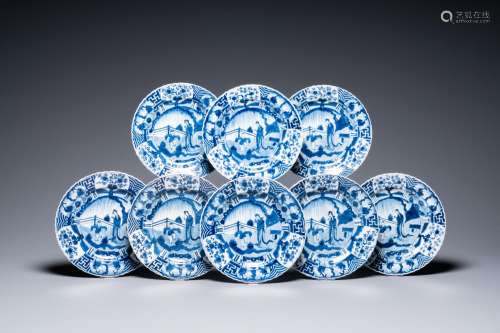 Eight Chinese blue and white plates with boys and ladies, 19...