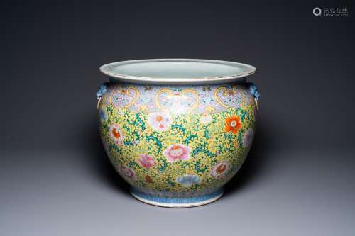 A large Chinese famille rose yellow-ground fish bowl with fi...
