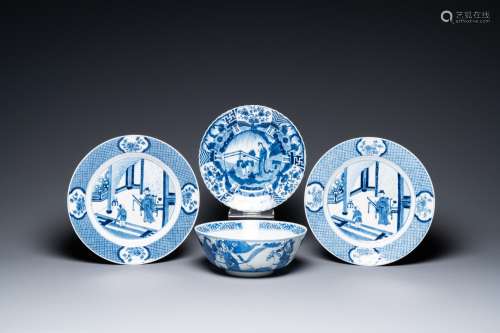 Three Chinese blue and white dishes and a bowl, 19th C.