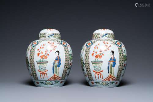 A pair of Kangxi-style famille verte jars and covers, Samson...
