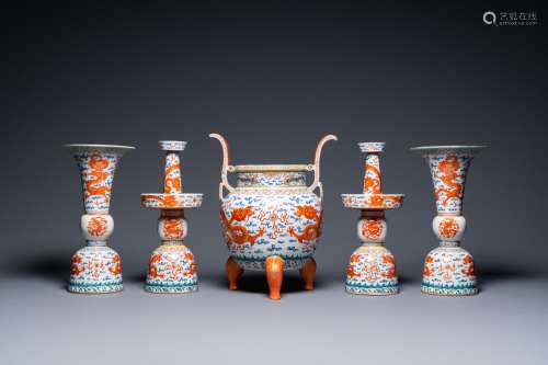 A Chinese iron-red-decorated five-piece altar garniture with...