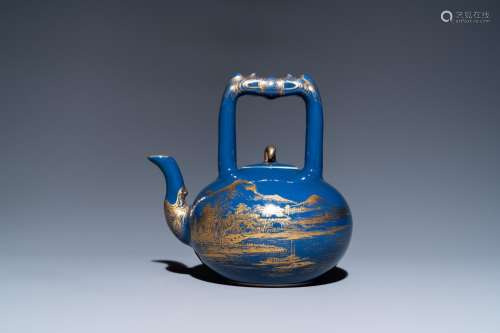 A Chinese gilt-decorated blue-ground teapot and cover, Qianl...