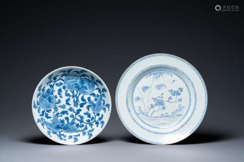 A Chinese blue and white 'Sanduo' dish and a 'Three friends ...
