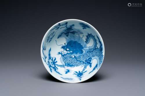 A Chinese blue and white 'dragon' bowl, Yongzheng mark and o...