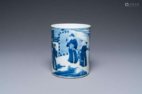 A Chinese blue and white brush pot, Kangxi