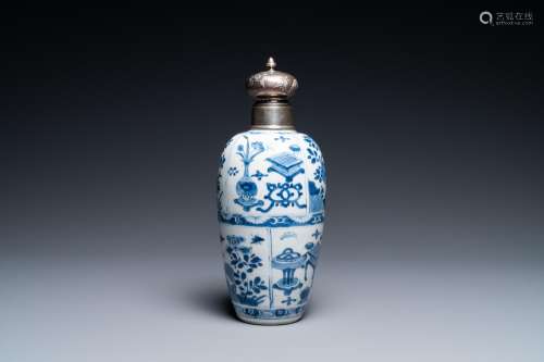 A Chinese blue and white silver-mounted tea caddy, Kangxi