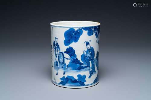 A Chinese blue and white 'bitong' brush pot with an official...