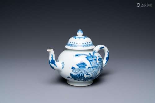 A Chinese blue and white 'antiquities' teapot, Yu mark, Kang...
