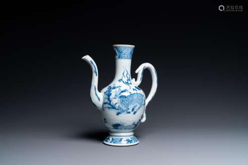 A Chinese blue and white 'qilin and phoenix' ewer, Kangxi