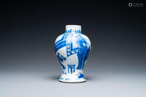A Chinese blue and white baluster vase with narrative design...