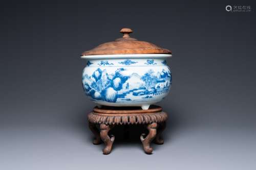 A Chinese blue and white 'landscape' tripod censer with late...