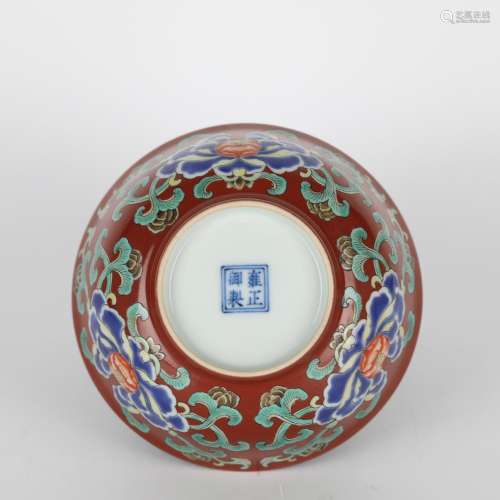 Coral red ground colorful peony bowl, Yongzheng