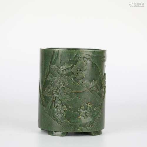 China Hotan Jade Carved Landscape Pen Holder，18th century