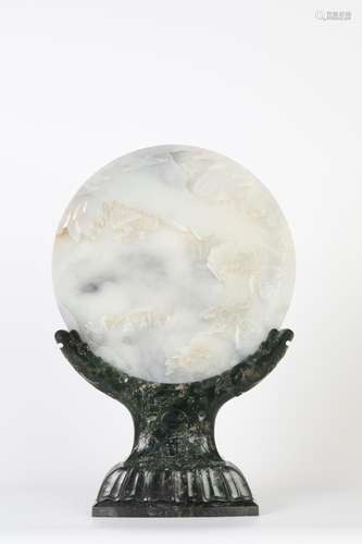 Hetian jade relief figure round insert screen,Qianlong