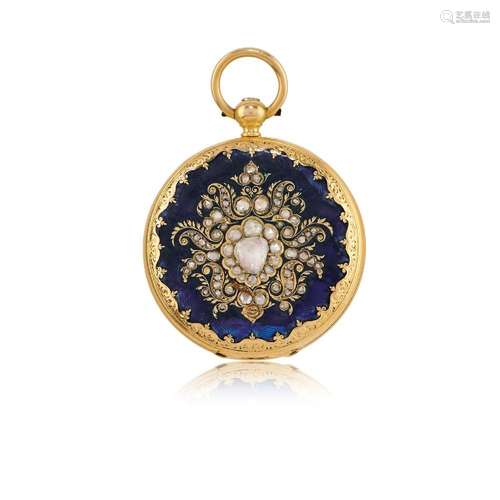 HUNTER CASE PENDANTIF IN GOLD AND ENAMEL, CIRCA 1860