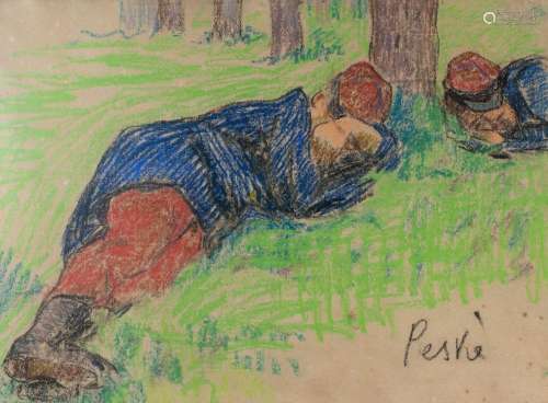 Jean PESKE (1870-1949) <br />
Soldats au repos<br />
Pastel ...