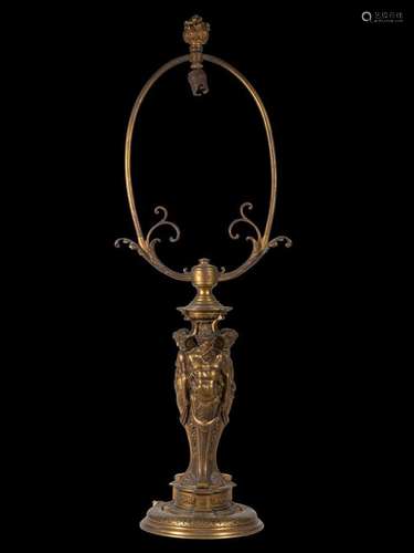 GAGNEAU, Paris. PIED DE LAMPE en bronze à décor d'Atlantes d...