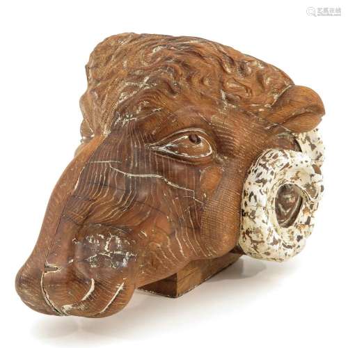A Carved Wood Rams Head Sculpture