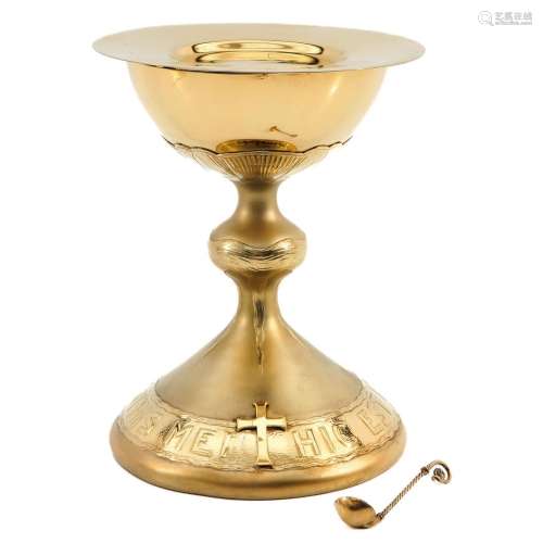 A Gold Plated Silver Chalice with Paten and Spoon
