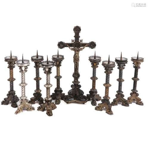 An Altar Cross and 9 Candlesticks
