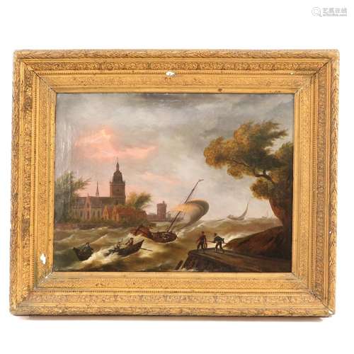 An Oil on Canvas Depicting Harbor Scene