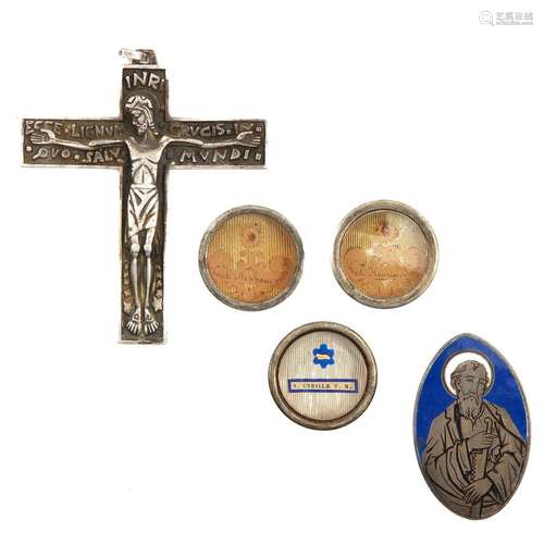 A Cross Pendant, Plaque and 3 Thecas