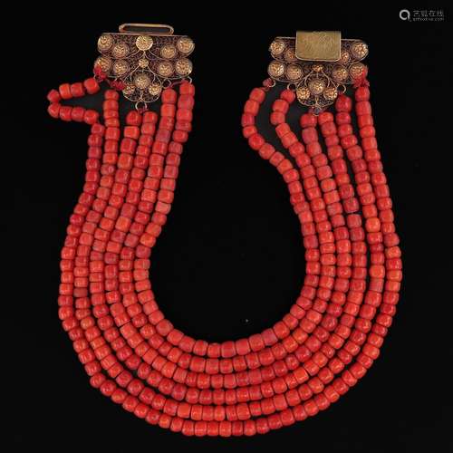 A 19th Century 6 Strand Red Coral Necklace on Gold Clasp