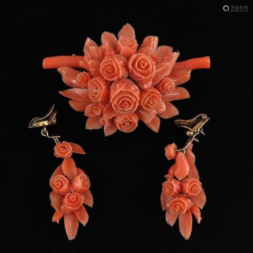 A Red Coral Brooch and Earrings