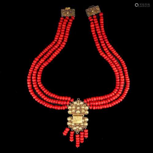 A 19th Century 3 Strand Red Coral Necklace on Gold Clasp