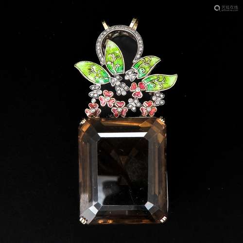 A Enamel, Diamond and Smoky Topaz Designer Pendant