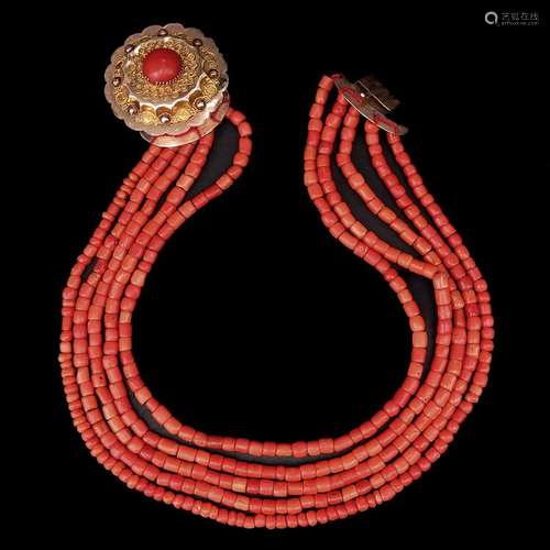 A 19th Century 5 Strand Red Coral Necklace on Gold Clasp