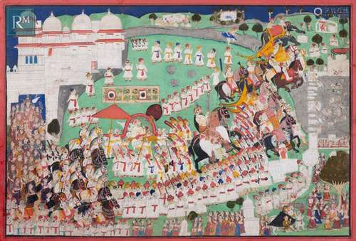 Miniature indienne illustrant une procession royale pour le ...