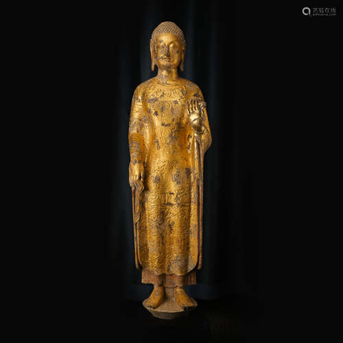 BLUESTONE MUD GOLD BUDDHA STANDING STATUE , NORTHERN WEI DYN...