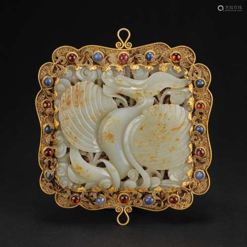 PURE GOLD INLAID WITH HETIAN JADE INLAID GEMSTONE ACCESSORIE...