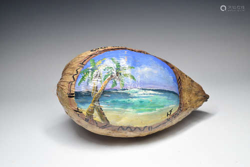 Painted Sea Landscape Coconut, Artist Signed