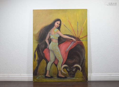 Bullfighting Girl Oil Painting, Artist Signed