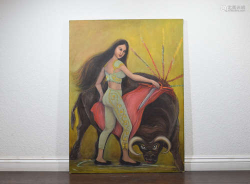 Bullfighting Girl Oil Painting, Artist Signed