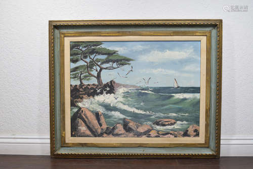 Wood Framed Ocean Landscape Oil Painting, Artist Signed