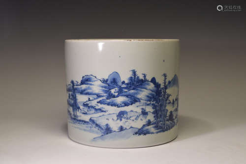 Blue and White Landscape Porcelain Brush Pot