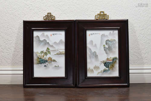 Pair of Porcelain with Wood Plaque