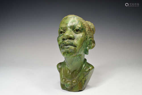 Green Stone Carved Africa Woman Head Sculpture, Artist Signe...