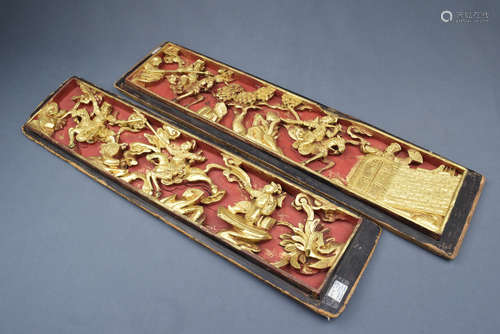 Pair of Carved Gilt Character Story Wood Plaque