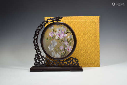 Chinese Flower Silk Table Plaque