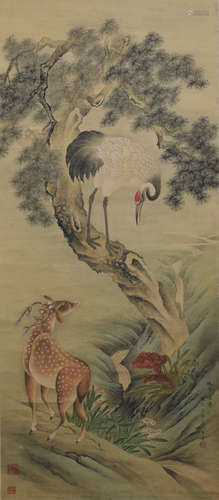 Chinese Deer, Crane with Pine Tree Painting, Bao Yuanfang Ma...