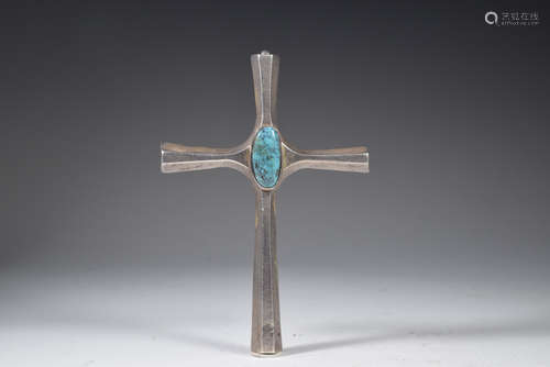 Navajo Sand Cast Turquoise Inlaid Cross Pendant