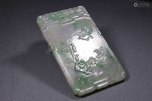 Green Jadeite Old Man, Flower with Bird Pendant